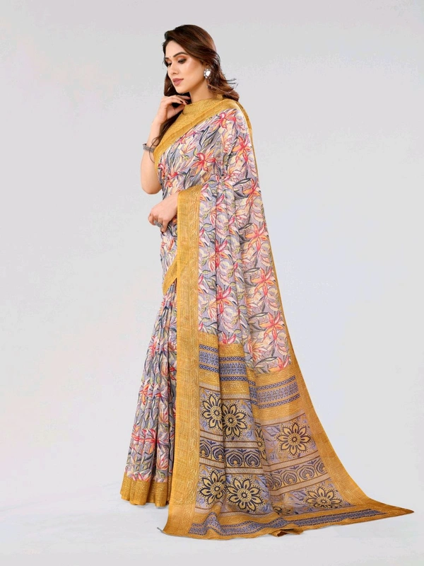 Kota Doriya Yellow Floral Printed Saree With Blouse Piece  - yellow
