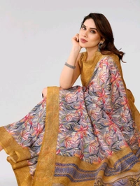 Kota Doriya Yellow Floral Printed Saree With Blouse Piece  - yellow