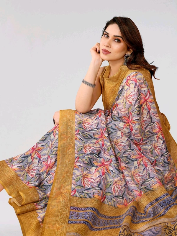 Kota Doriya Yellow Floral Printed Saree With Blouse Piece  - yellow
