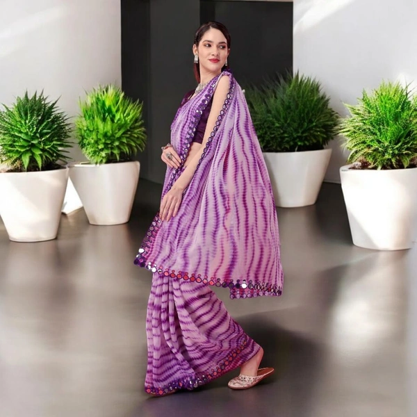  Shibori Mirror Purple Georgette Printed Saree with Mirror Lace - Purple