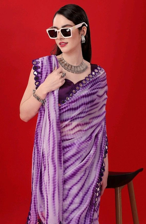  Shibori Mirror Purple Georgette Printed Saree with Mirror Lace - Purple