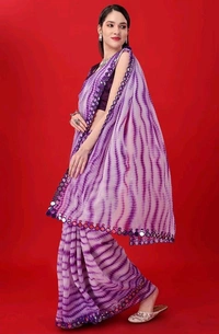  Shibori Mirror Purple Georgette Printed Saree with Mirror Lace - Purple