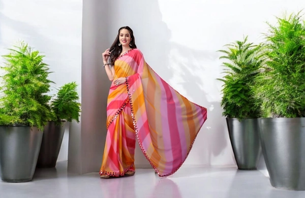  Shibori Mirror Yellow Georgette Printed Saree with Mirror Lace
