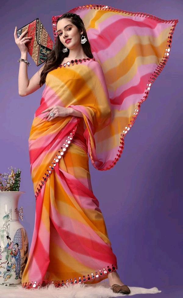  Shibori Mirror Yellow Georgette Printed Saree with Mirror Lace