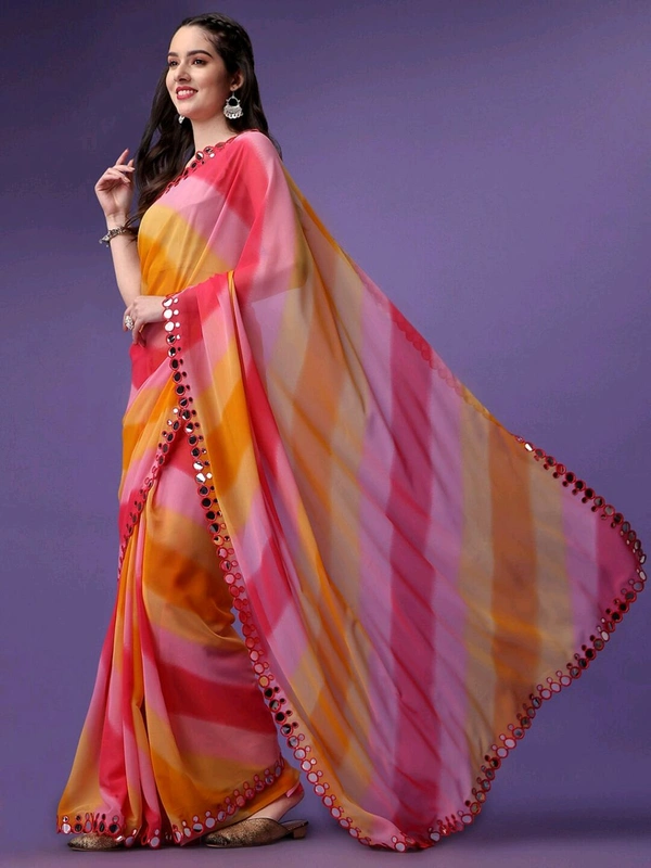  Shibori Mirror Yellow Georgette Printed Saree with Mirror Lace