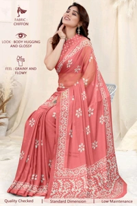  Ruhi Peach Chiffon Printed Saree With Printed Blouse Piece