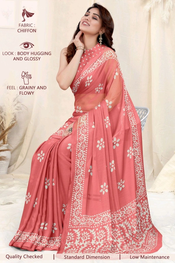  Ruhi Peach Chiffon Printed Saree With Printed Blouse Piece