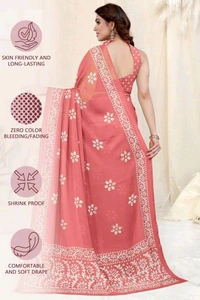  Ruhi Peach Chiffon Printed Saree With Printed Blouse Piece