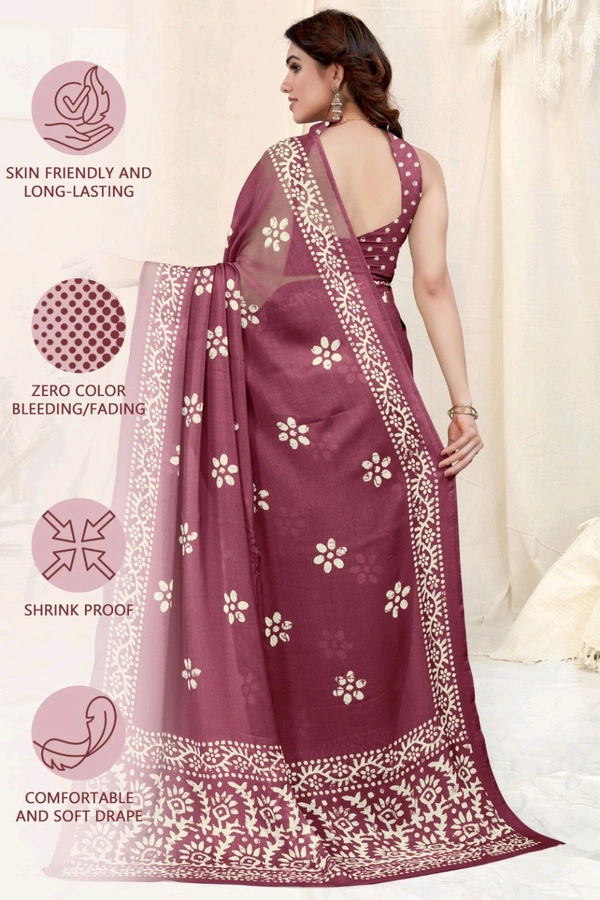 Ruhi Wine Chiffon Printed Saree With Printed Blouse Piece 