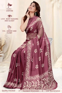 Ruhi Wine Chiffon Printed Saree With Printed Blouse Piece 