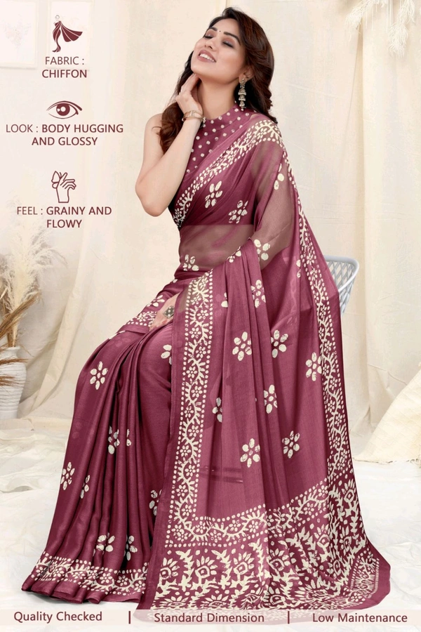 Ruhi Wine Chiffon Printed Saree With Printed Blouse Piece 