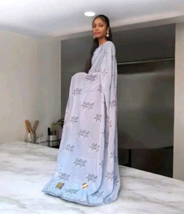 Sky Blue Cotton Printed Saree With Printed Blouse Piece 