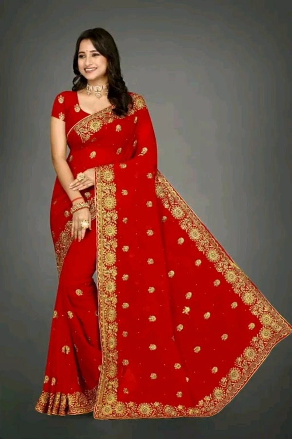 Exquisite Heavy Embroidery & Stone Handwork Saree with Blouse  - Red