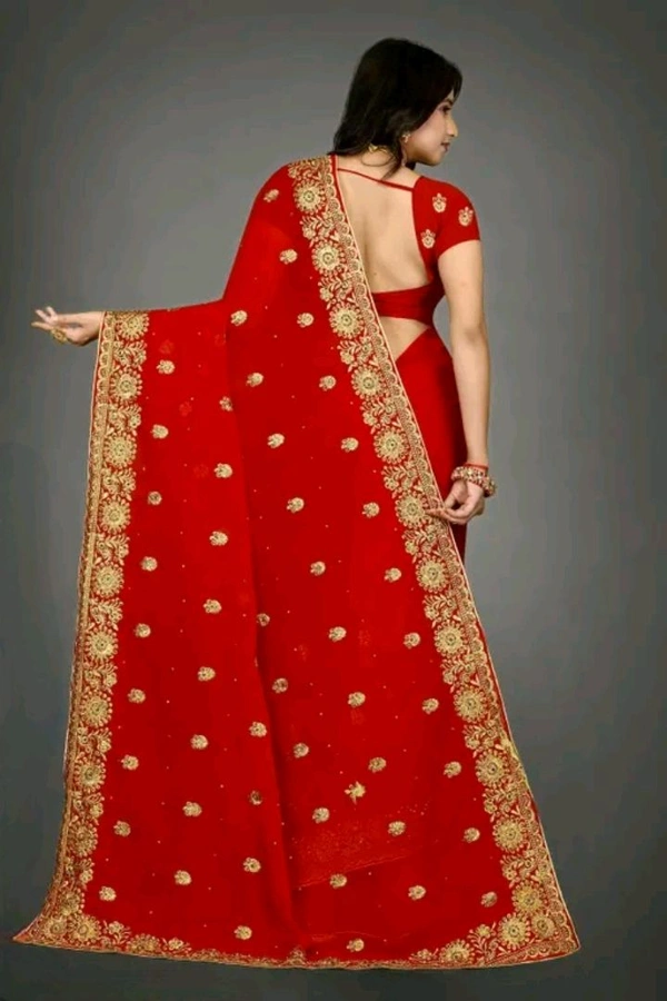 Exquisite Heavy Embroidery & Stone Handwork Saree with Blouse  - Red