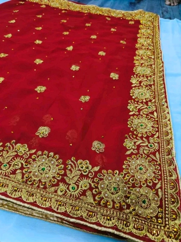 Exquisite Heavy Embroidery & Stone Handwork Saree with Blouse  - Red