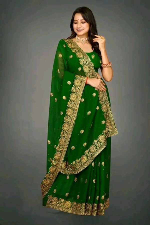Exquisite Heavy Embroidery & Stone Handwork Saree with Blouse  - Green