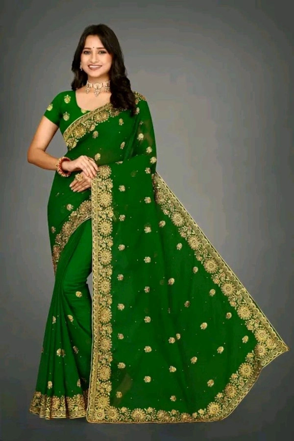 Exquisite Heavy Embroidery & Stone Handwork Saree with Blouse  - Green