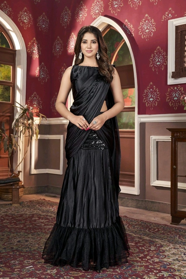 Black Fancy Net & Satin Ready to Wear Saree  - Black