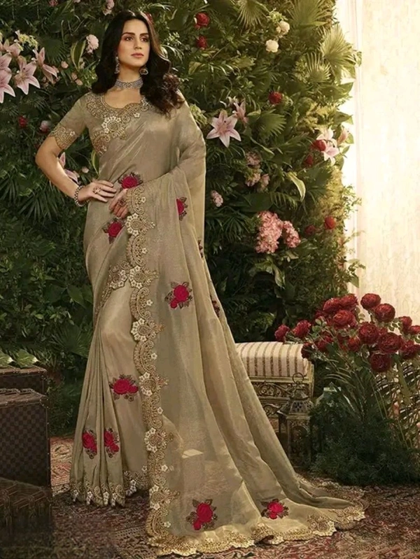 Mini Embroidery Chiffon Saree in Gold Colour - Luxury Ethnic Wear - Gold
