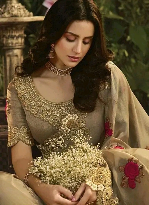 Mini Embroidery Chiffon Saree in Gold Colour - Luxury Ethnic Wear - Gold