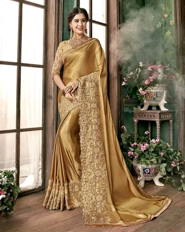 Art Silk Solid Pattern Saree with Embroidered Blouse - Gold