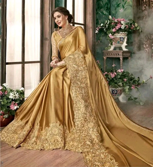Art Silk Solid Pattern Saree with Embroidered Blouse - Gold