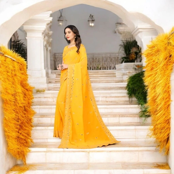 "Radiant Yellow Mirror Work Saree with Intricate Embroidery - Yellow