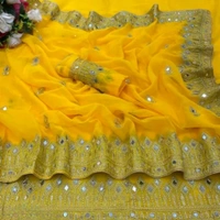 "Radiant Yellow Mirror Work Saree with Intricate Embroidery - Yellow
