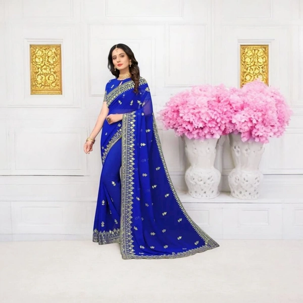 Banarasi Satin Silk Bollywood Saree with Heavy Embroidery & Mirror Work - Blue