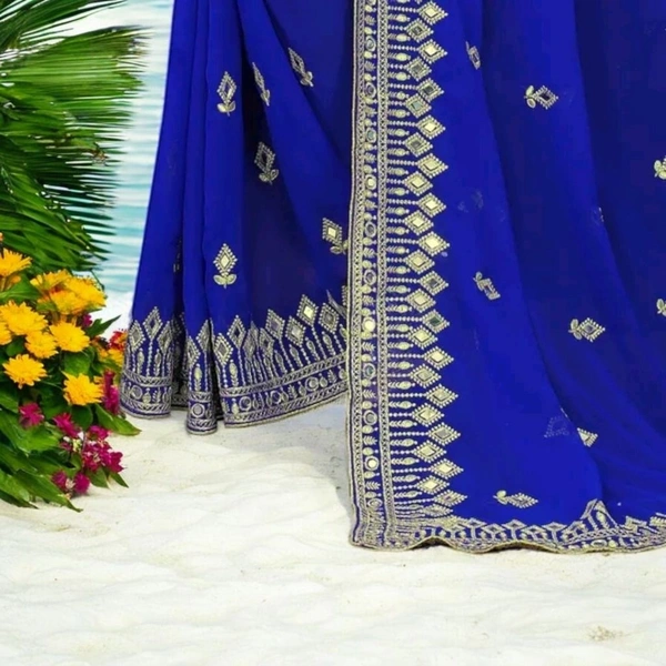Banarasi Satin Silk Bollywood Saree with Heavy Embroidery & Mirror Work - Blue
