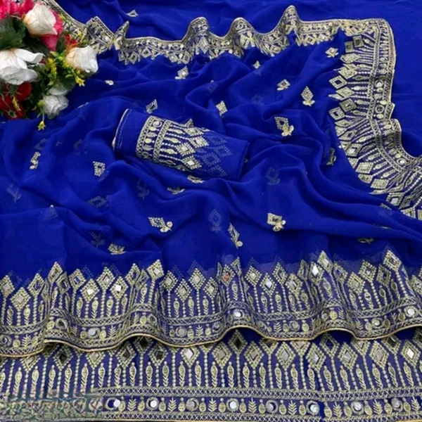 Banarasi Satin Silk Bollywood Saree with Heavy Embroidery & Mirror Work - Blue