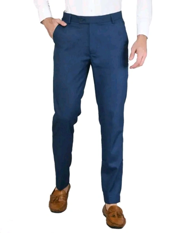 Men's Blue Trousers - Solid Design, Viscose Comfort - Blue, 32