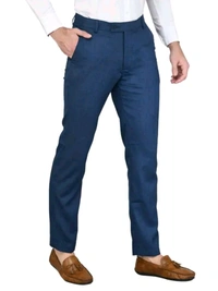 Men's Blue Trousers - Solid Design, Viscose Comfort - Blue, 32