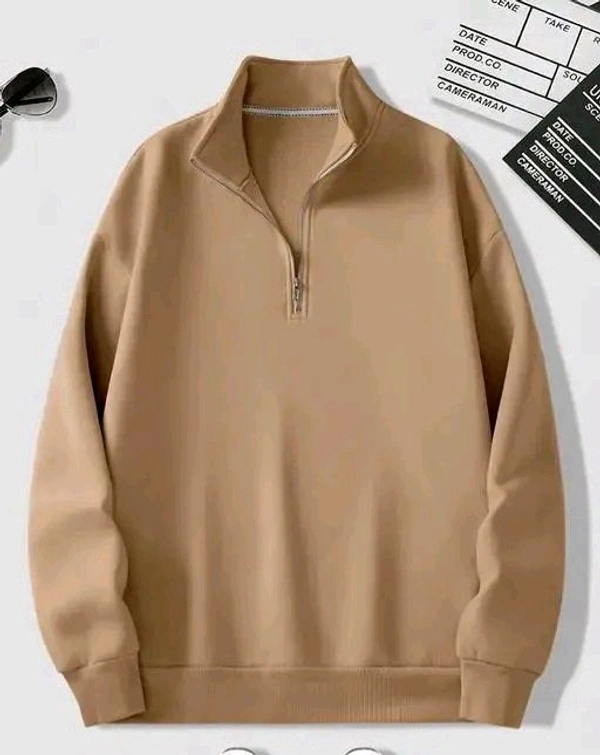 Men's Fleece Solid Half Zipper Stylish Peach Sweatshirt - L