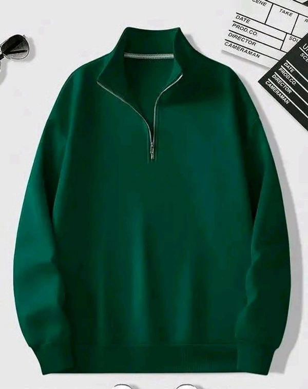 Men's Fleece Solid Half Zipper Stylish Green Sweatshirt - XXL