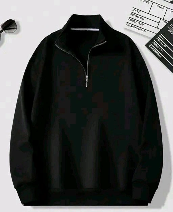 Men's Fleece Solid Half Zipper Stylish Black Sweatshirt - M