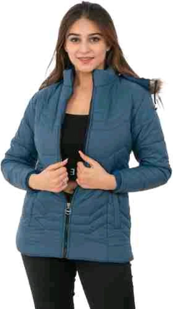 Blue Self-Design Hooded Quilted Jacket for Women