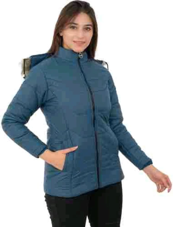 Blue Self-Design Hooded Quilted Jacket for Women - Blue, S