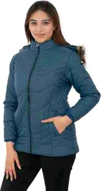 Blue Self-Design Hooded Quilted Jacket for Women - Blue, XL
