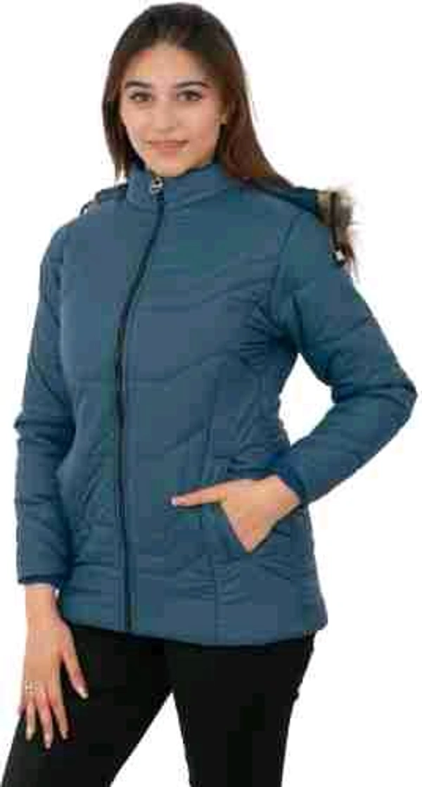 Blue Self-Design Hooded Quilted Jacket for Women - Blue, XL