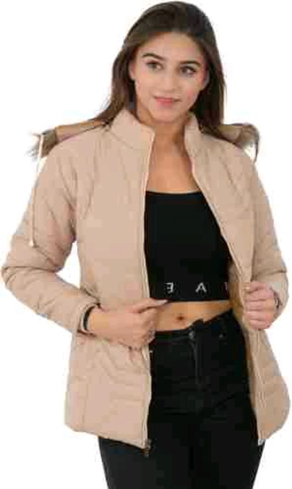 Women's Beige Hooded Quilted Jacket - Elegant and Cozy Outerwear