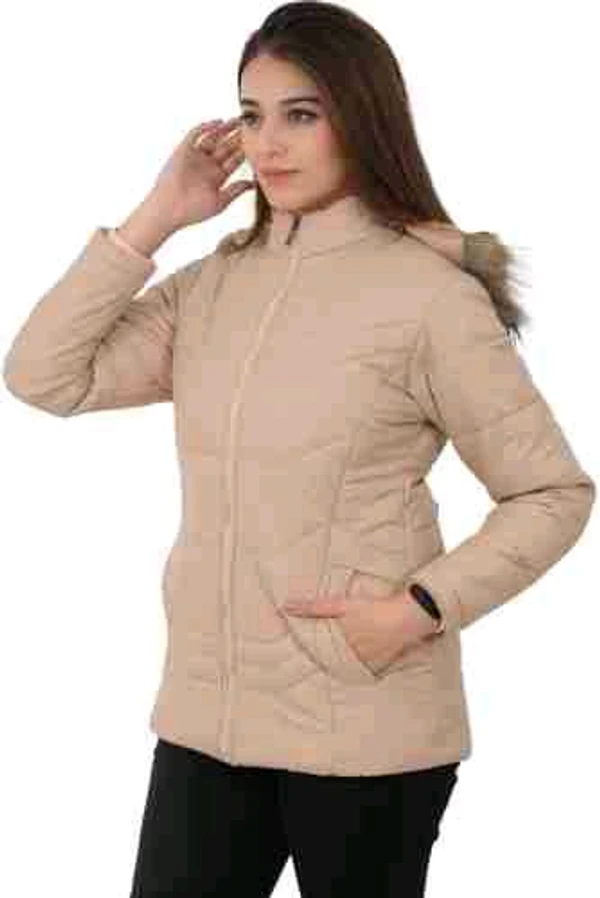 Women's Beige Hooded Quilted Jacket - Elegant and Cozy Outerwear - Beige, S