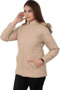 Women's Beige Hooded Quilted Jacket - Elegant and Cozy Outerwear - Beige, L