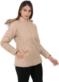 Women's Beige Hooded Quilted Jacket - Elegant and Cozy Outerwear - Beige, L