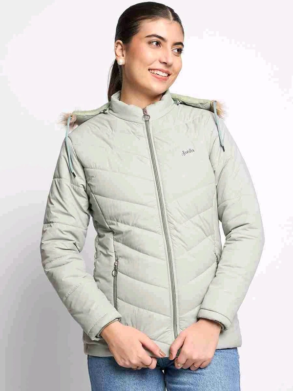Women’s Solid Light Green Hooded Puffer Jacket - Light Green, L