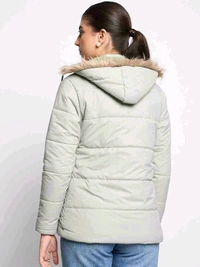 Women’s Solid Light Green Hooded Puffer Jacket - Light Green, L
