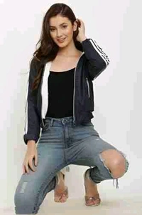 Women's High Neck Windcheater Jacket - Navy Blue, L
