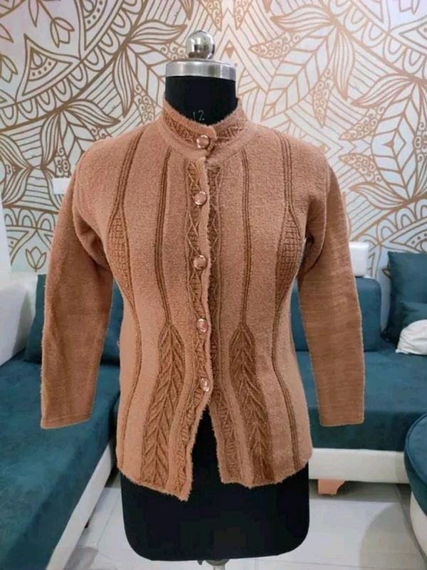 Women's  Pure Wool Self Design Full Sleeve Cardigan - S, Brown