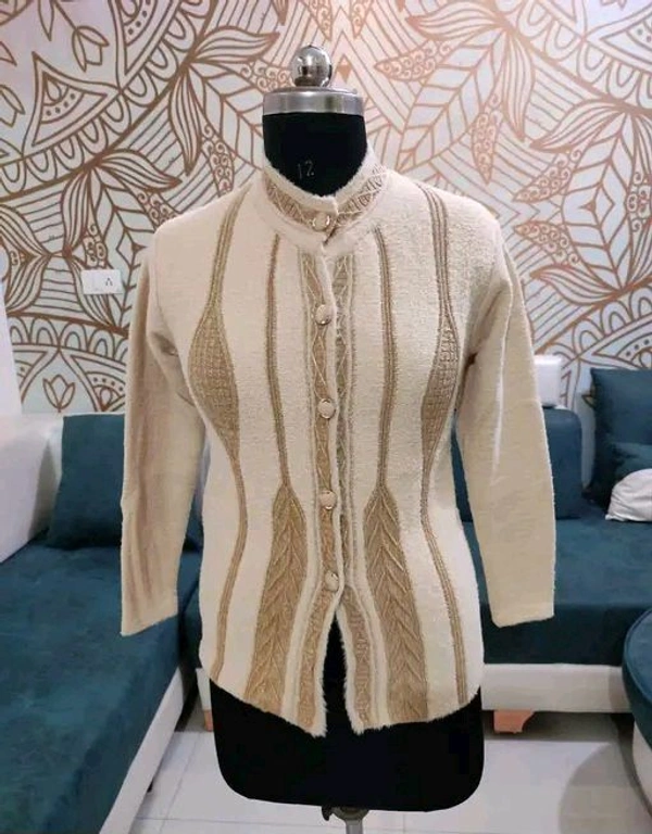 Women's  Pure Wool Self Design Full Sleeve Cardigan - S