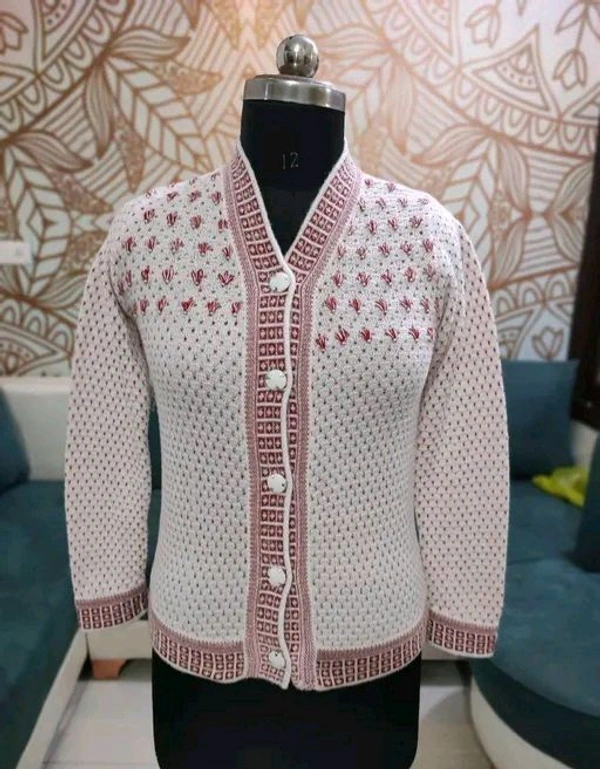Women's  Pure Wool Self Design Full Sleeve Cardigan - M